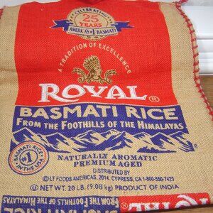 Royal Basmati burlap rice bag tote with handles & zipper-empty